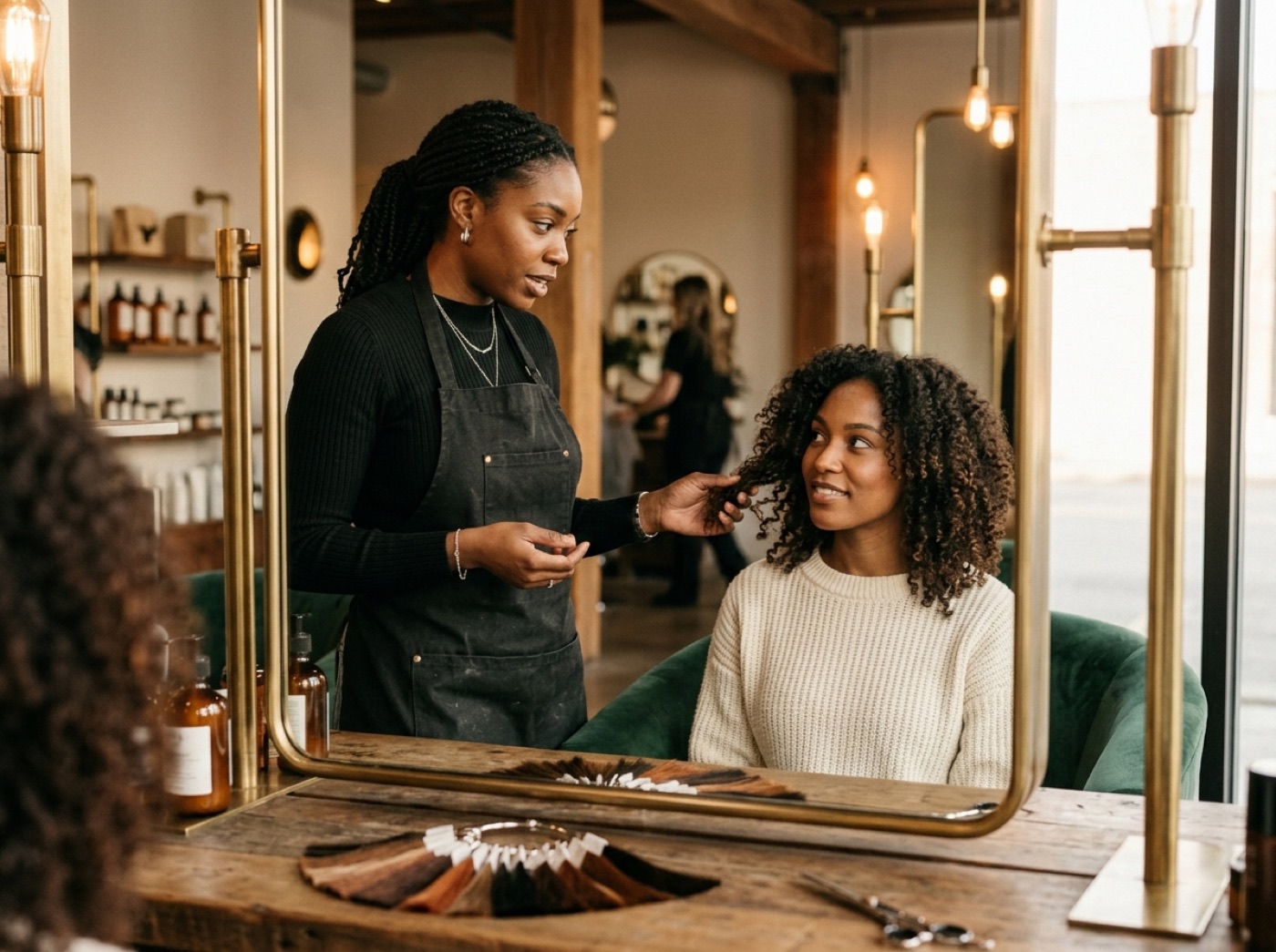 Stylist consulting with a client at the salon mirror
