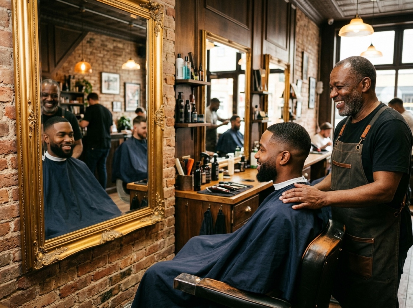 Client checking the finished cut in the mirror